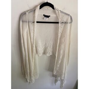 BCBGMAXAZRIA Ivory Pointelle Lace Open Front Cardigan Ramie Blend XS VTA40552